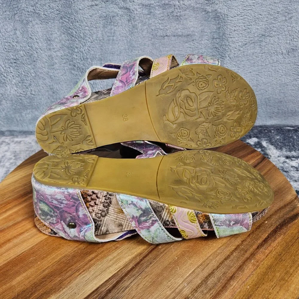 L'artiste Spring Step Yorini Multicolor Leather Wedge Sandals Womens 38 US 7.5 8